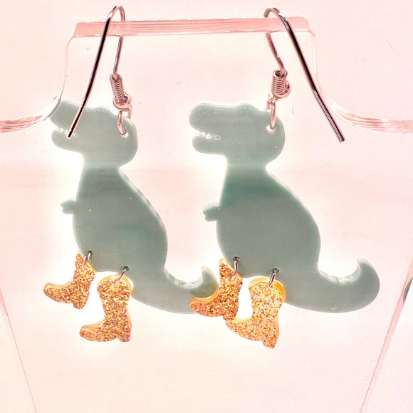 Dinosaurs With Gold Boots Earrings - Dinosaur Earrings - Trending Earrings - Picture 5 of 8